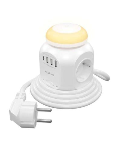 AISENS REGLETA 4 TOMAS CON INTERRUPTOR Y LUZ NOCTURNA / BLANCO4 Tomas de Corriente/ 3 USB Tipo-C/ 2 USB/ Cable 1.8m