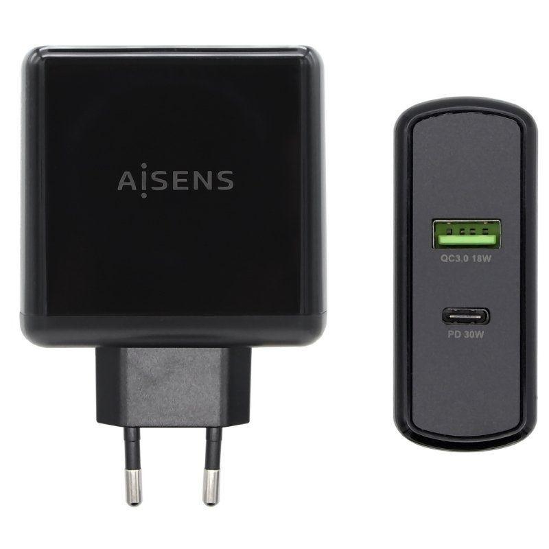 AISENS CARGADOR 48W NEGRO1xUSB-C PD3.0 30W, 1xUSB-A QC3.0 18W