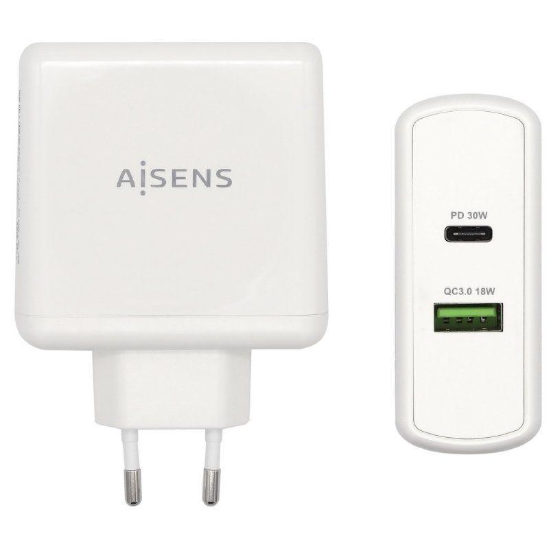 AISENS CARGADOR 48W BLANCO1xUSB-C PD3.0 30W, 1xUSB-A QC3.0 18W