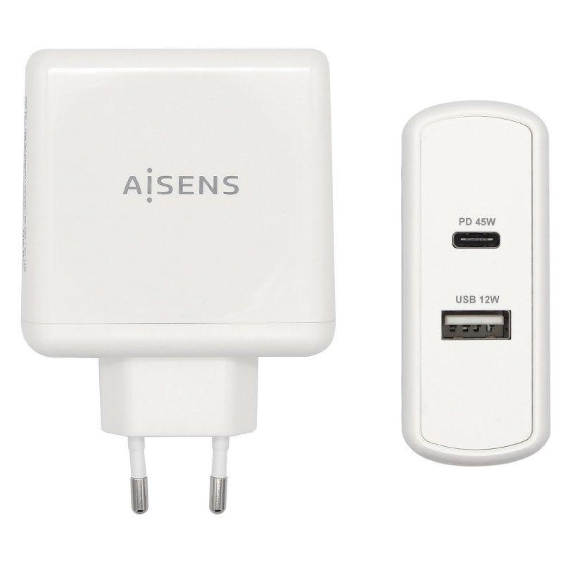 AISENS CARGADOR 57W BLANCO1xUSB-C PD3.0 45W, 1xUSB-A 5V/2.4A 12W