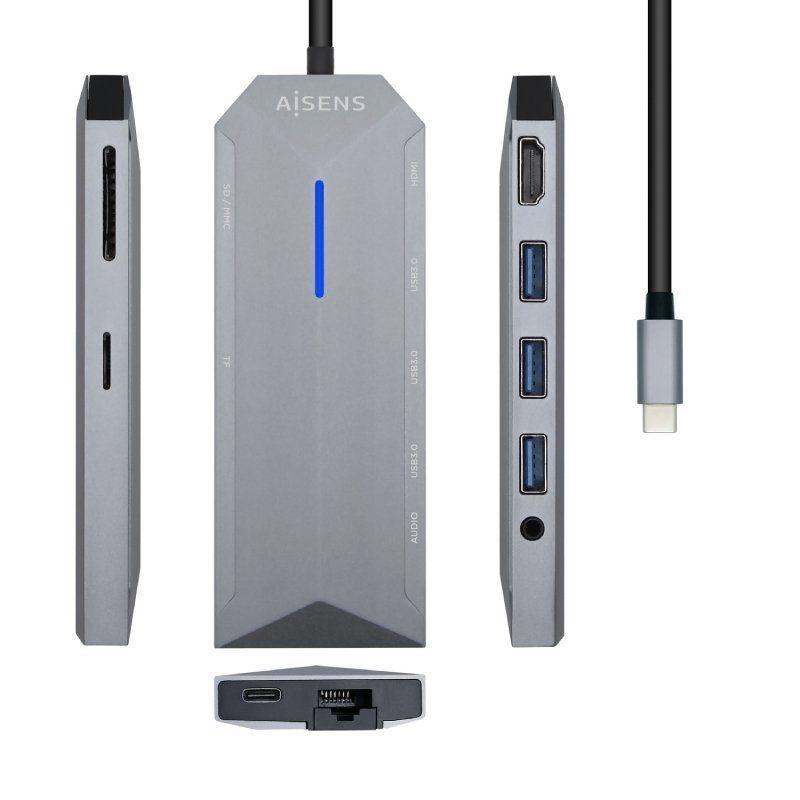 AISENS DOCKING STATION  ASUC-9P001-GR  GRIS1 HDMI/ 3 USB/ 1 RJ45/ 1 Audio/ 1 Lector Tarjetas / USB PD