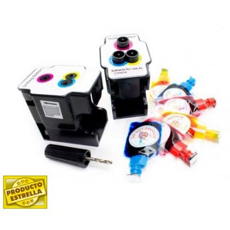 KIT DE RECARGA CANON 38 / 41 / 511 / 513 / 541 / 541XL (1 ESTACION DE RECARGA + 6 RECARGAS CMY + 1 E. PERFORADOR)