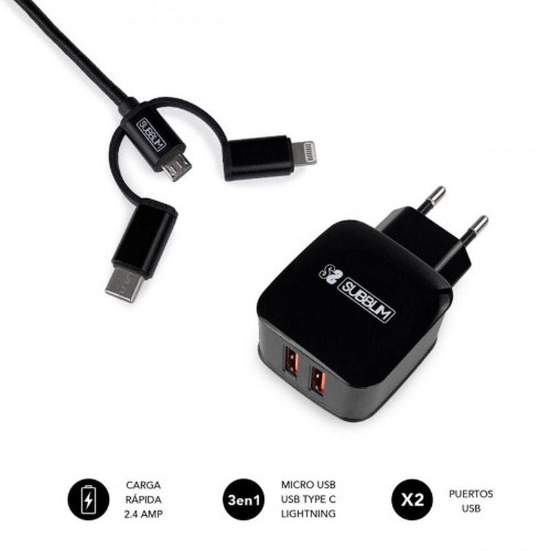 SUBBLIM CARGADOR SUB-CHG-1ZWC02 USB DE VIAJE/PARED 2xUSB (2.4A) + CABLE 3EN1 BLACK