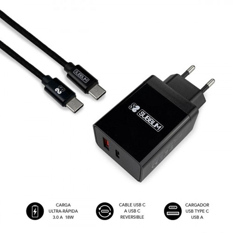 SUBBLIM CARGADOR SUB-CHG-3WPD02 USB + CABLE USB TIPO C 2.4A NEGRO 18W