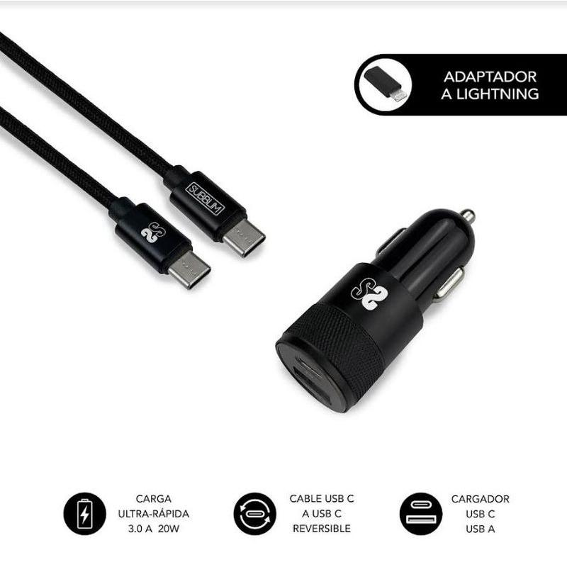 SUBBLIM CARGADOR DE COCHE PD20W+QC3.0 TIPO C TO C + ADAPTADOR LIGHTNING BLACK