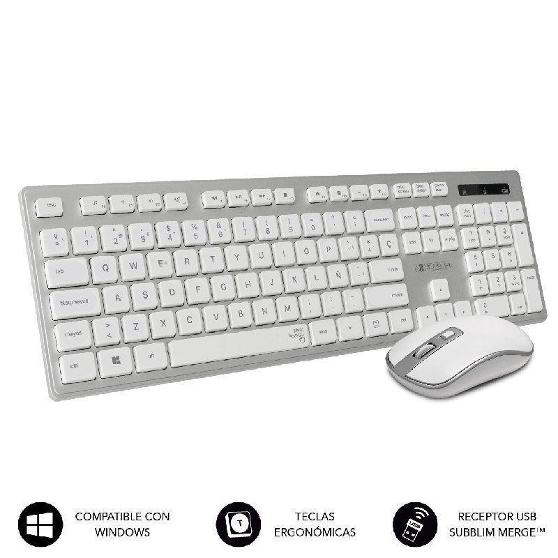 SUBBLIM TECLADO Y RATON INALAMBRICO COMBO WIRED ERGO KEYS SILENT FLAT HQ PLATA Y BLANCO