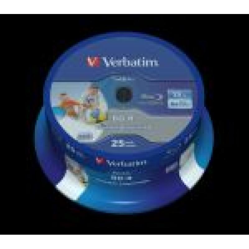 VERBATIM BD-R SL DATALIFE, 25GB, 6X, 25 PACK SPINDLE, WIDE INKJET PRINTABLE